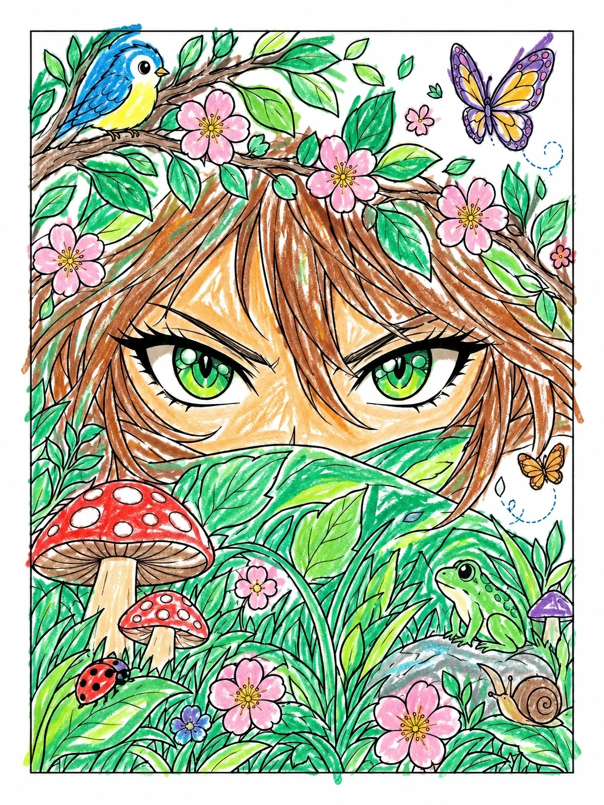 Colored example of the Fierce Anime Eyes In Nature coloring page