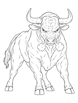 A powerful, muscular bull snorting steam in this detailed bull coloring page.
