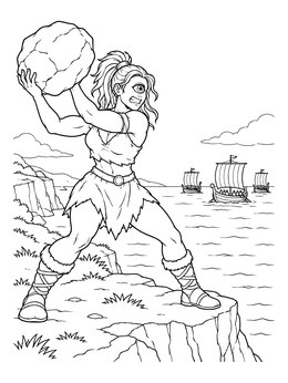 A cyclops coloring page showing a one-eyed giant ready to throw a boulder at ships.
