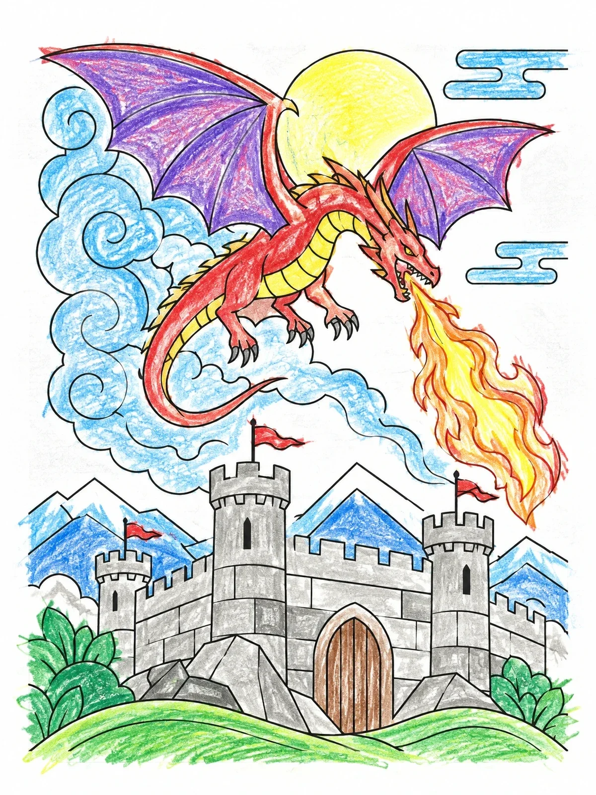 Colored example of the Fierce Dragon Above Fortress coloring page