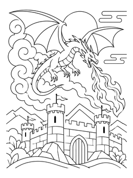 A detailed dragon breathing fire coloring page soaring above stone castle towers.