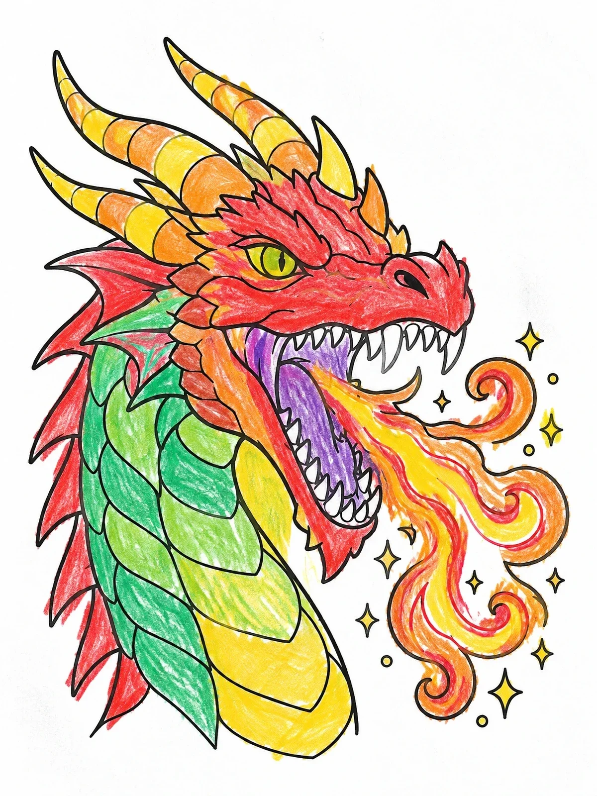 Colored example of the Fierce Dragon Head Breathing Flame coloring page