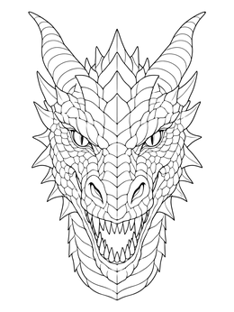 Front view of a fierce mythical beast in this detailed dragon coloring page with sharp teeth and scales.
