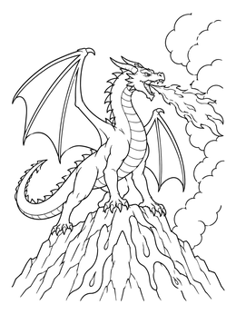 A horned dragon breathing fire coloring page perched on a rocky peak with rising smoke clouds.