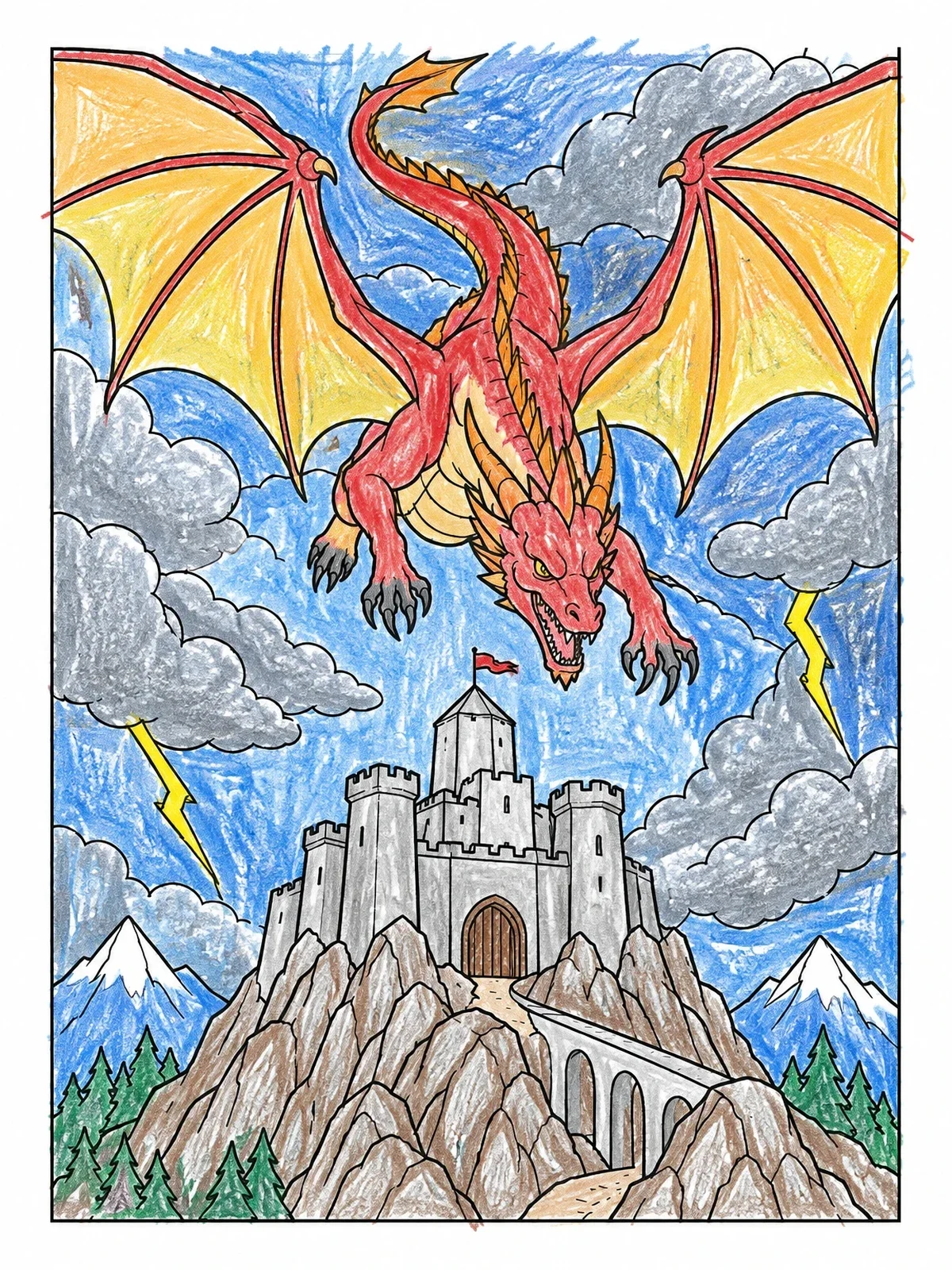 Colored example of the Fierce Dragon Over Mountain Castle coloring page