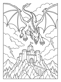 A fierce dragon swoops over a fortress in this castle coloring page.