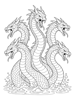 A ferocious five-headed hydra rises from bubbling swamp water in this monster coloring page.
