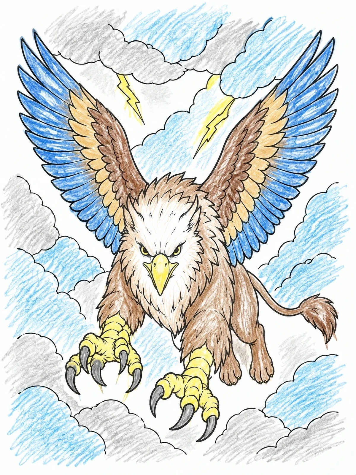 Colored example of the Fierce Griffin Swooping Through Storm coloring page