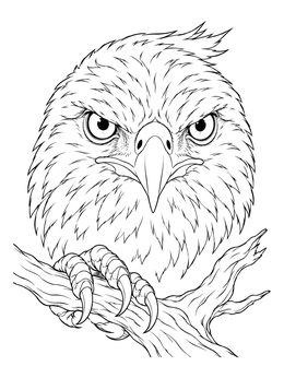 A close-up hawk coloring page showing sharp eyes, hooked beak, and talons gripping a branch.