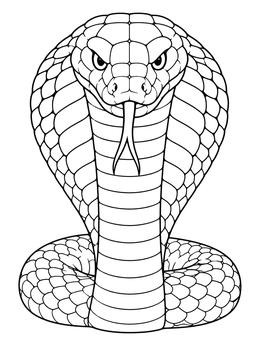 A king cobra coloring page featuring a front view of the snake with its hood flared.