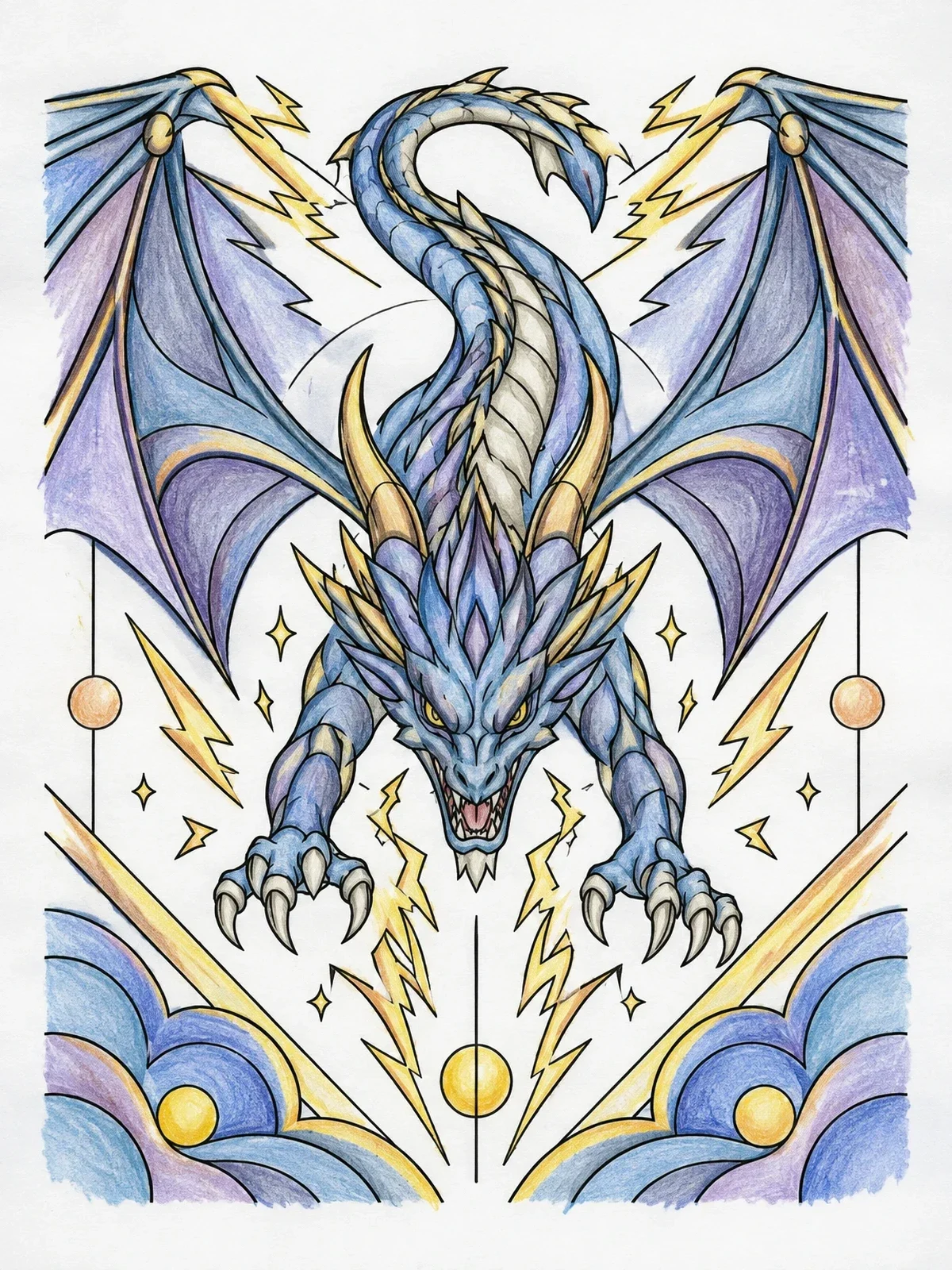 Colored example of the Fierce Lightning Dragon Swooping Down coloring page