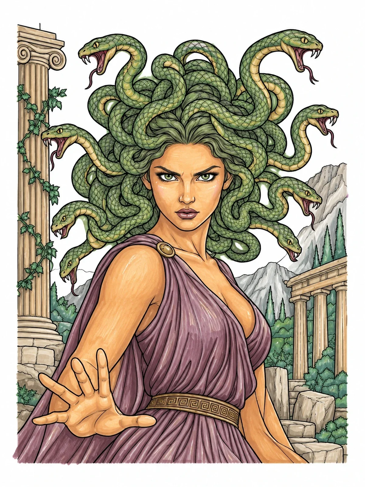 Colored example of the Fierce Medusa With Serpent Hair coloring page