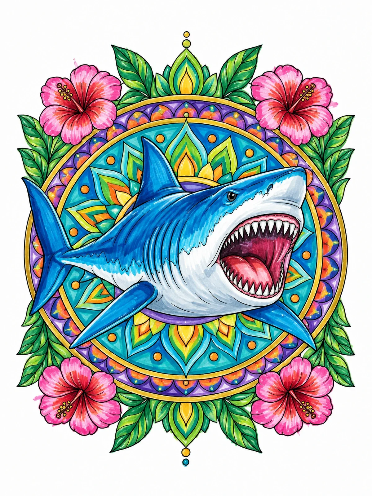 Colored example of the Fierce Megalodon Floral Mandala coloring page