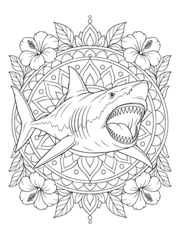 Free printable Fierce Megalodon Floral Mandala coloring page