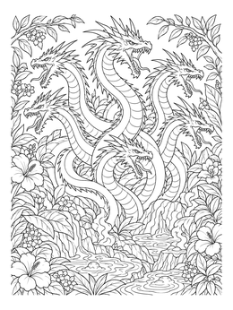 A detailed hydra coloring page featuring a mythical multi-headed serpent surrounded by lush tropical flowers.
