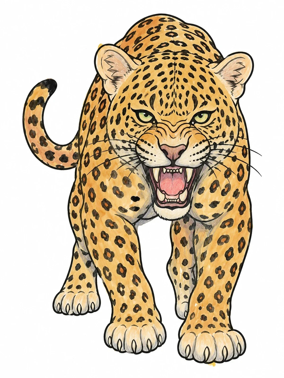 Colored example of the Fierce Snarling Leopard Stalking Forward coloring page
