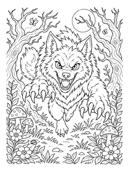 A playful werewolf coloring page featuring a snarling wolf leaping through a detailed nighttime forest.