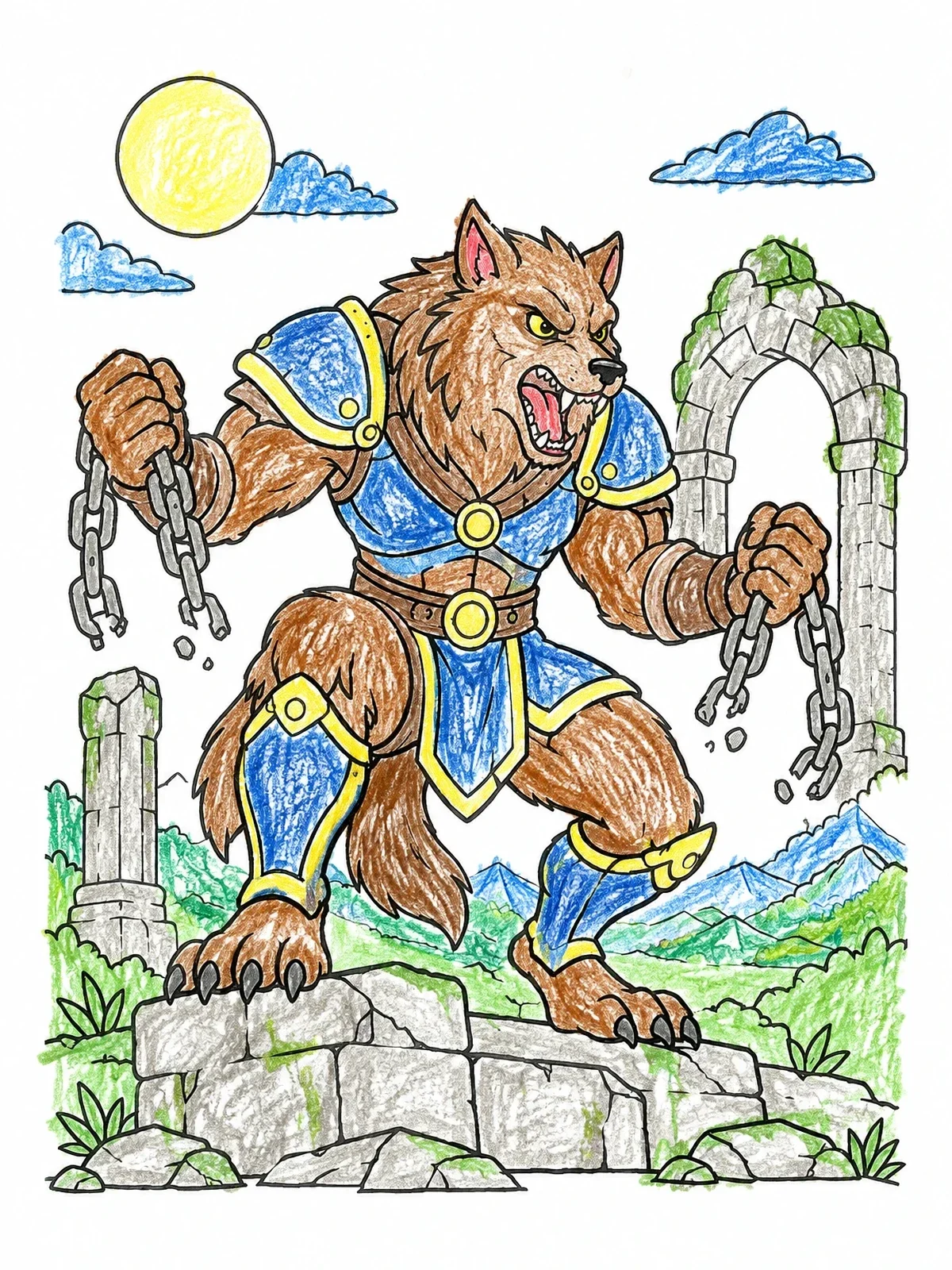 Colored example of the Fierce Werewolf Warrior Breaking Chains coloring page