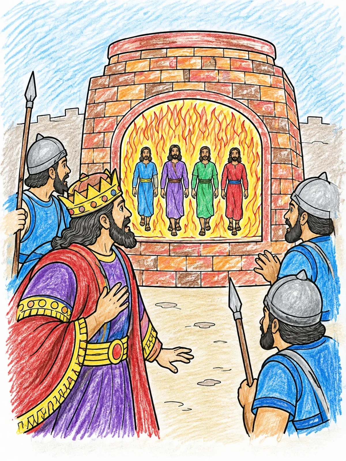Colored example of the Four Figures In The Fiery Furnace coloring page