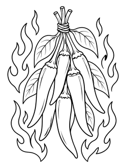 A fiery chili peppers coloring page featuring a tied bundle of hot peppers surrounded by flames.