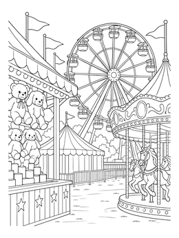 A festive carnival with a Ferris wheel and carousel in this fiesta coloring page.