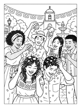 Friends crack confetti eggs in this cheerful fiesta coloring page set in a town plaza.