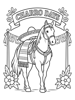 A decorated horse under festival banners on this fiesta coloring page.