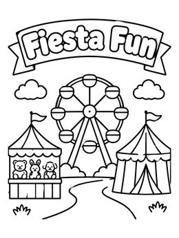 A festive carnival fairground with a Ferris wheel and tents on this fiesta coloring page.
