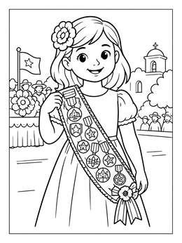 A cheerful girl in this fiesta coloring page proudly shows her parade sash decorated with medals.