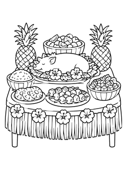 Free printable Hawaiian Luau Feast Table coloring page