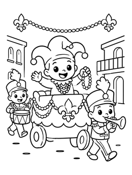 Little jester riding a float in this lively fiesta coloring page.