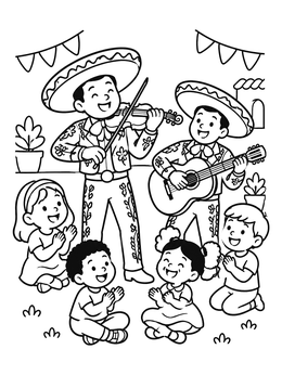 Children clapping for mariachi musicians in this fiesta coloring page.