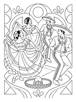 Dancers in traditional attire perform around a sombrero in this fiesta coloring page.