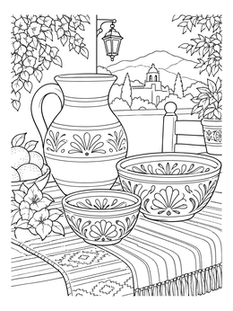A decorative fiesta coloring page featuring patterned ceramic bowls, a pitcher, and a scenic village view.