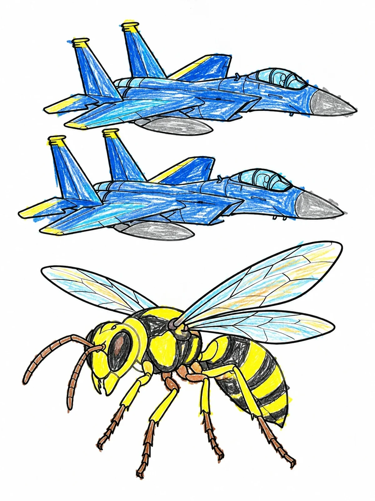 Colored example of the Fighter Jets And Hornet Insect coloring page