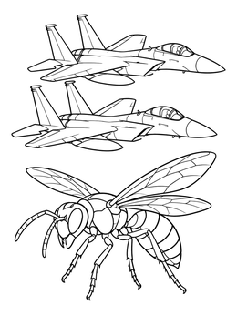 A detailed hornet coloring page featuring a flying wasp alongside two sleek fighter jets.