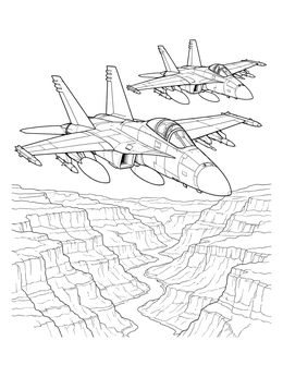 Free printable Fighter Jets Flying Over Canyon coloring page
