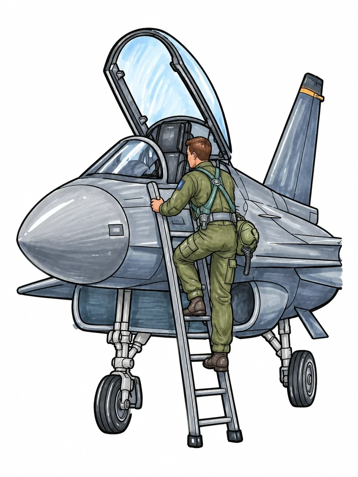 Colored example of the Fighter Pilot Climbing Cockpit Ladder coloring page