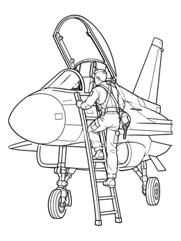 A pilot coloring page showing an aviator climbing a boarding ladder into a fighter jet cockpit.