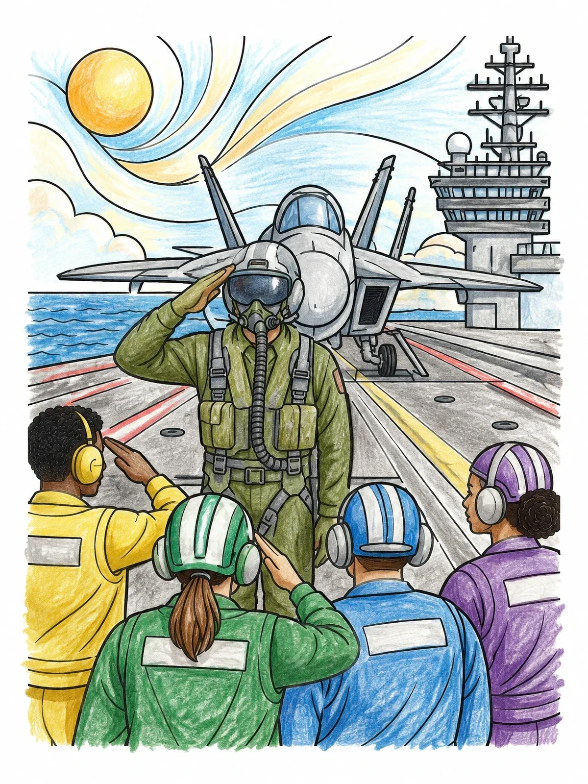 Colored example of the Fighter Pilot Saluting On Flight Deck coloring page