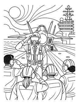 A pilot coloring page showing a jet aviator saluting flight deck crew on an aircraft carrier.