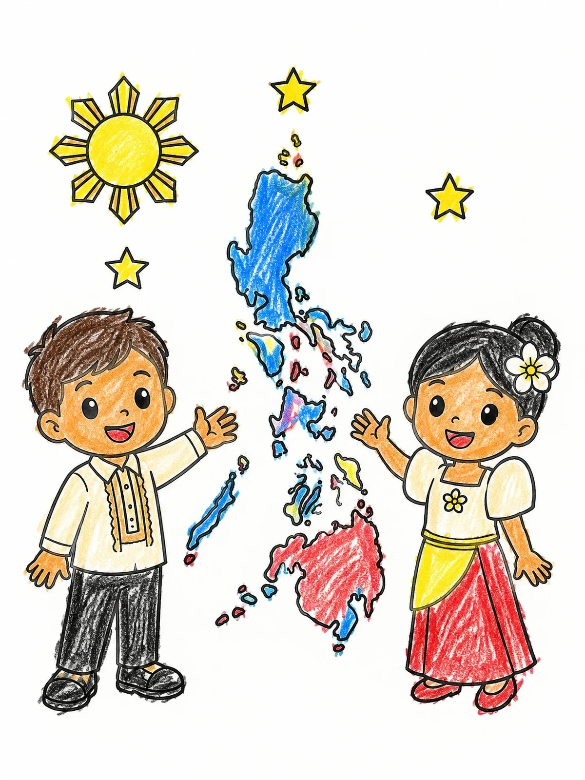 Colored example of the Filipino Children With Philippine Map coloring page