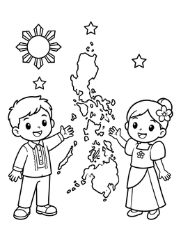 Free printable Filipino Children With Philippine Map coloring page