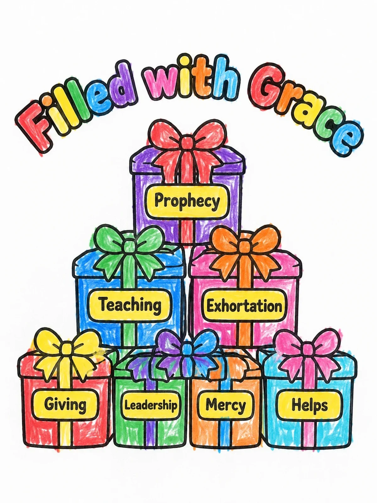 Colored example of the Filled With Grace Spiritual Gifts coloring page
