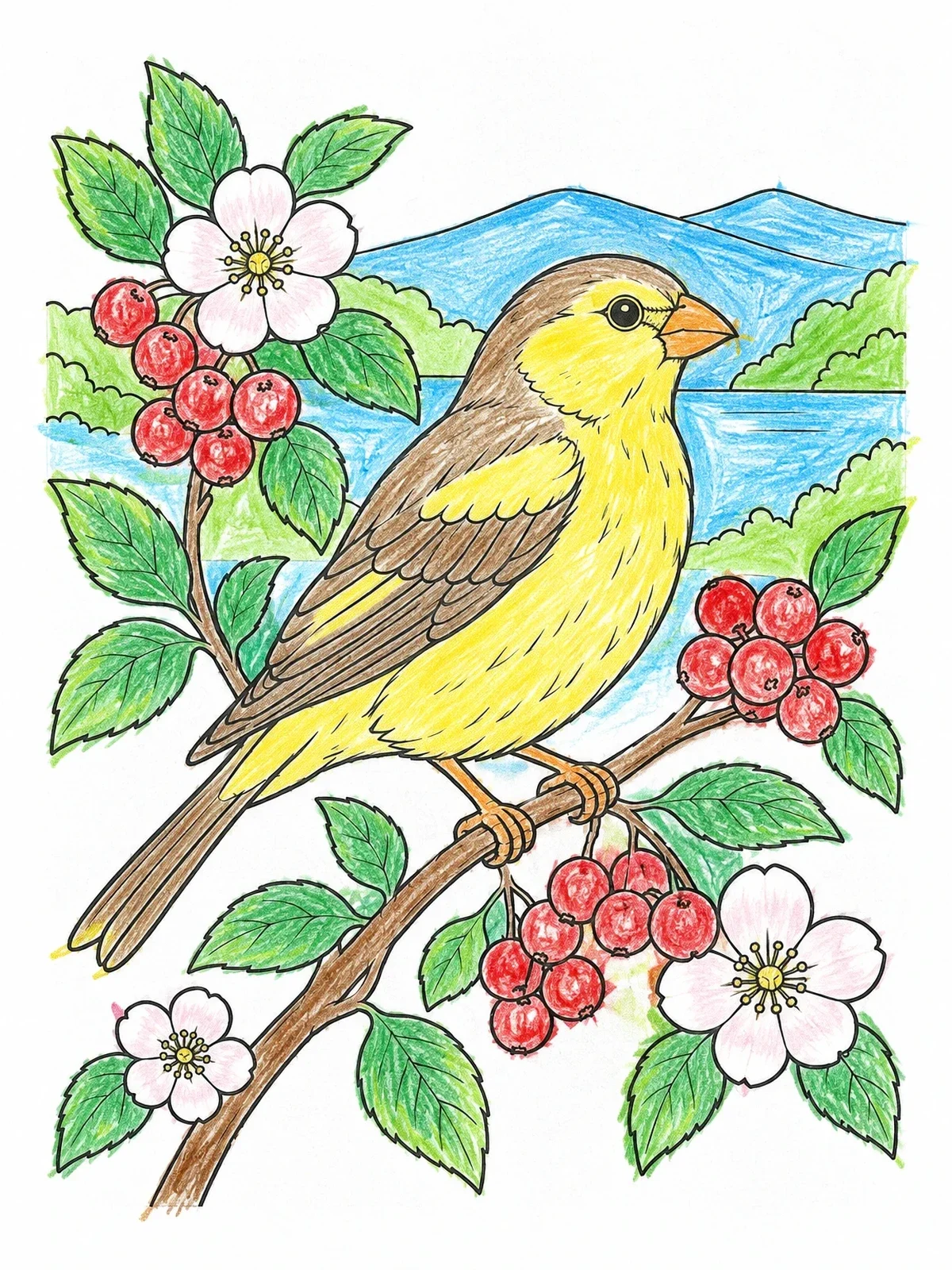 Colored example of the Finch On Berry Branch coloring page