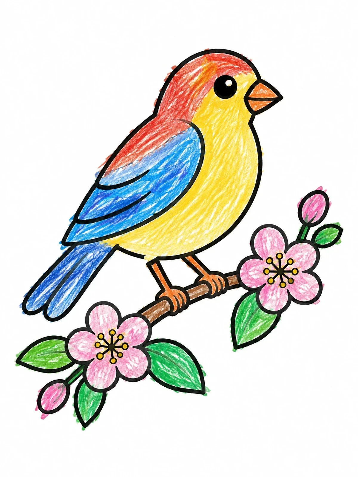 Colored example of the Finch On A Blooming Branch coloring page