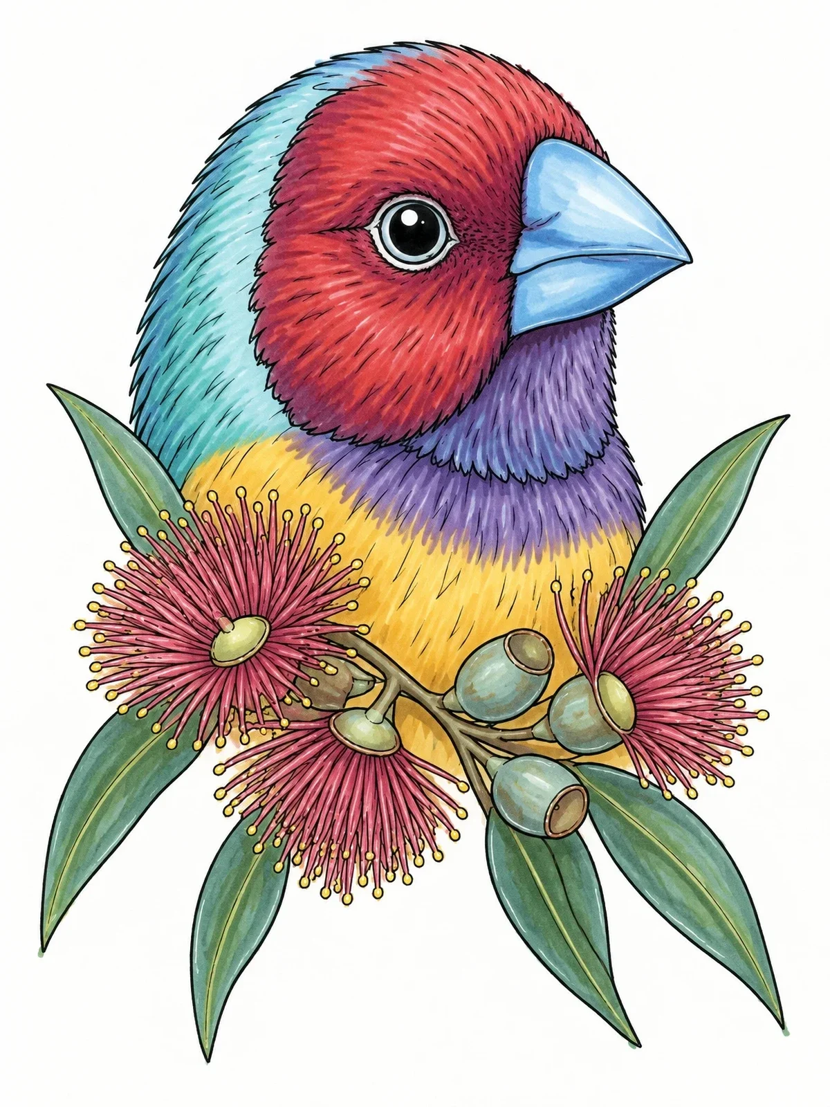 Colored example of the Finch With Eucalyptus Blossoms coloring page