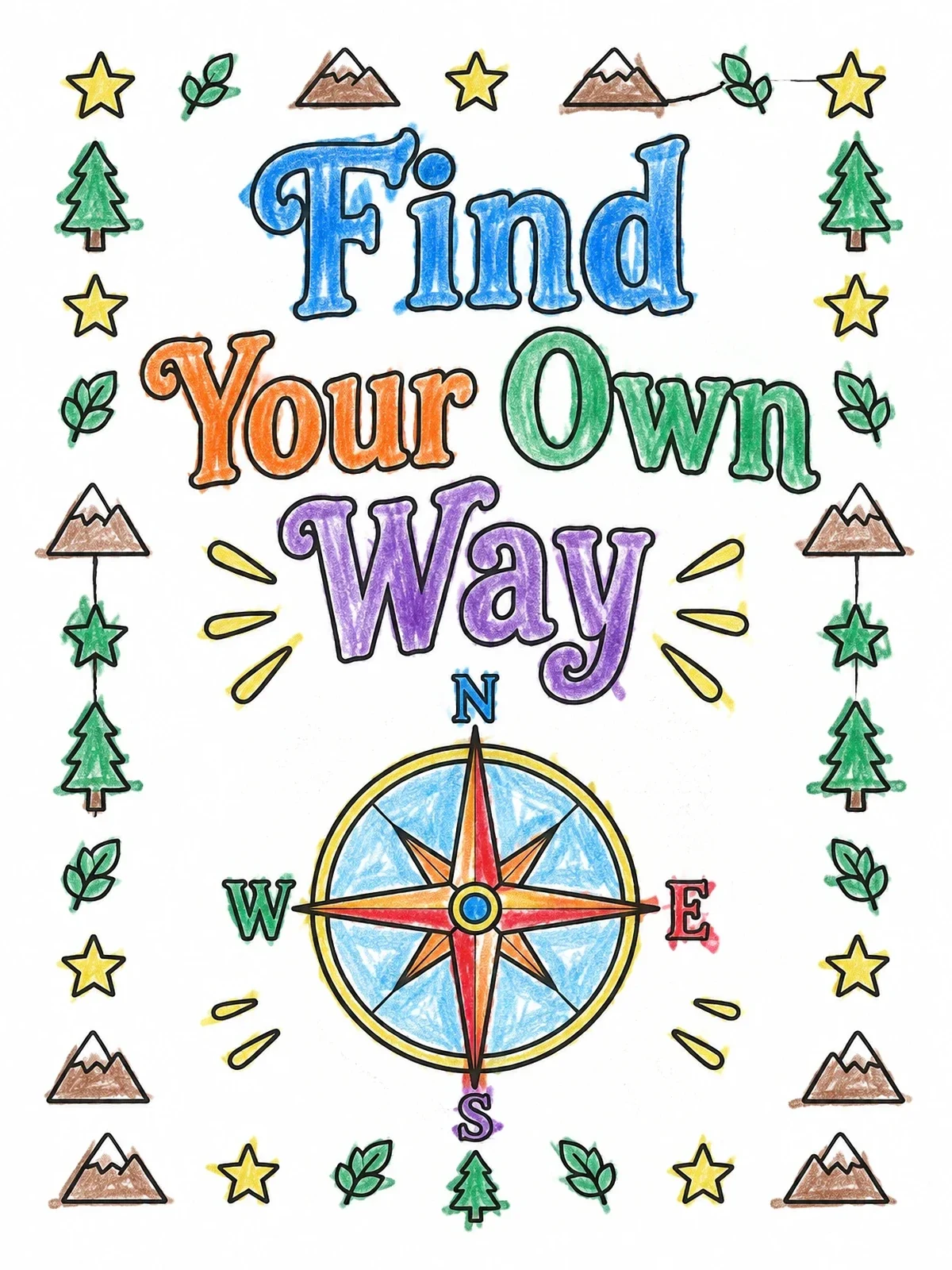 Colored example of the Find Your Own Way Compass coloring page