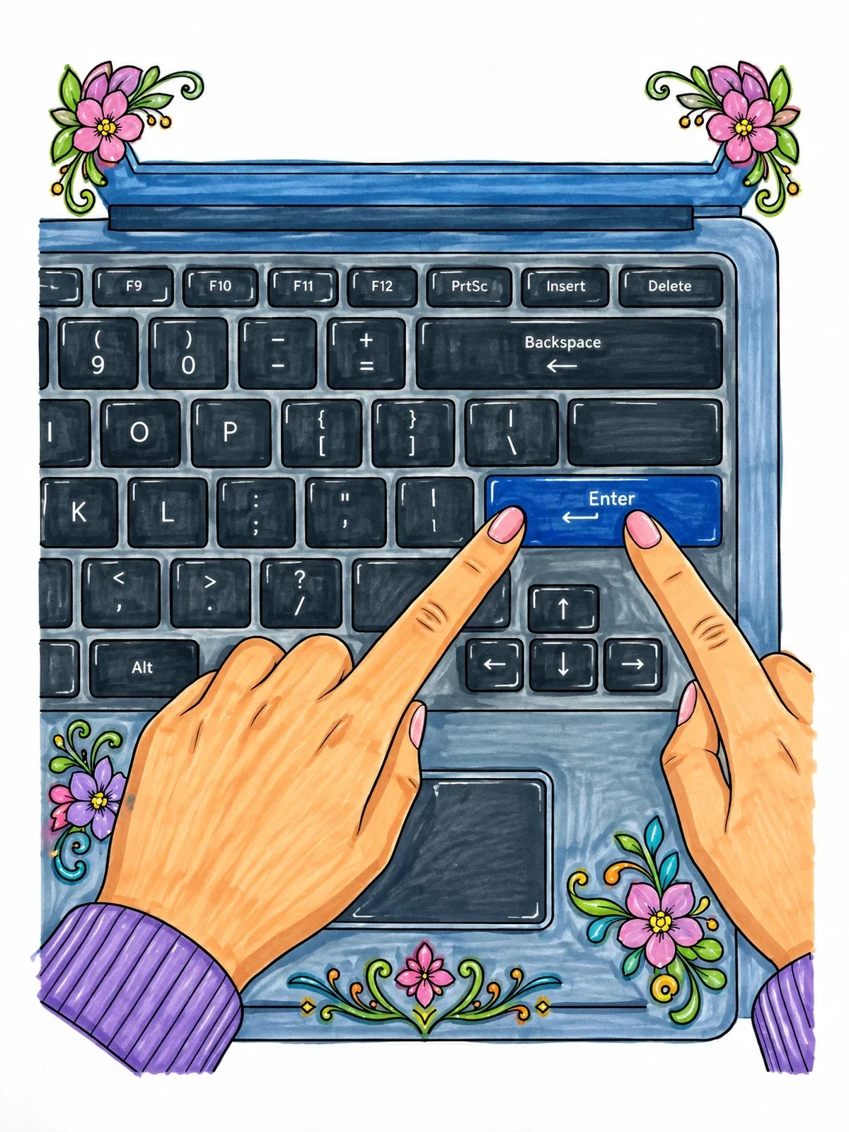 Colored example of the Fingers Pressing Enter On Laptop Keyboard coloring page