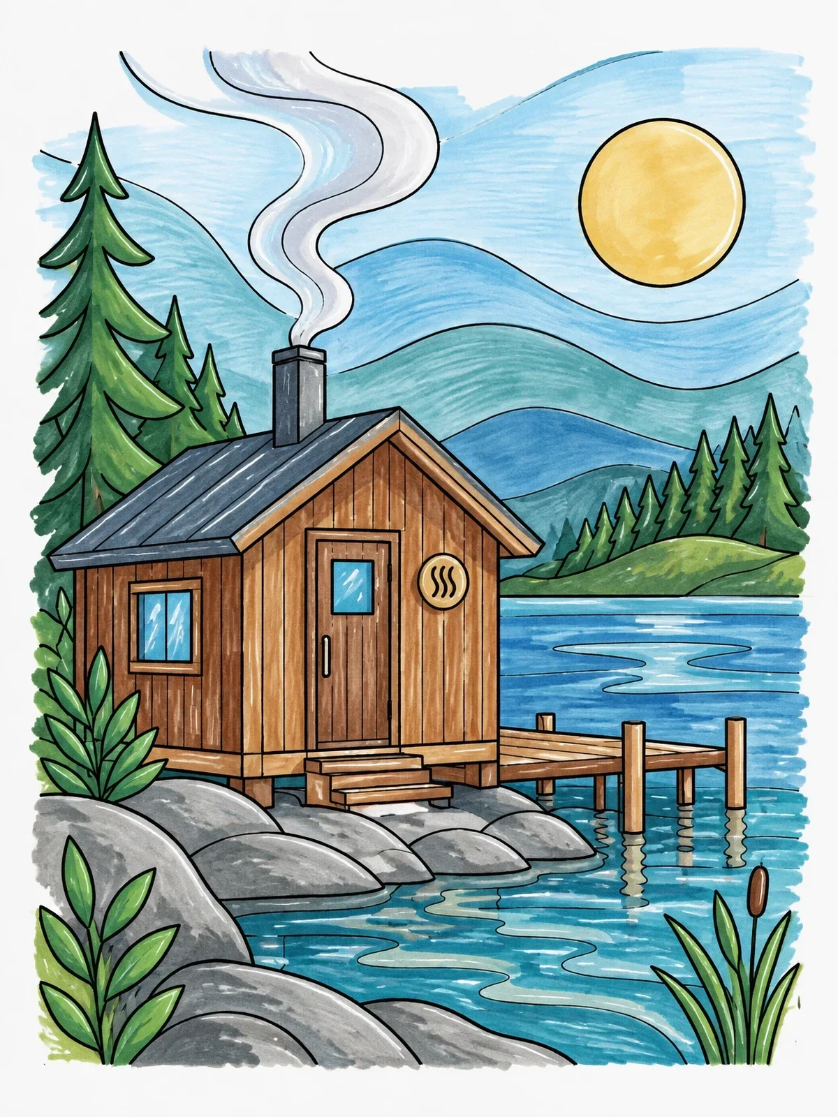 Colored example of the Lakeside Wooden Sauna Cabin coloring page
